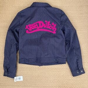NWT VON DUTCH navy and pink pinstripe utility mechanical crop jacket
